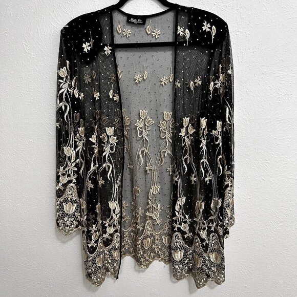 VTG 90s Vonda D’s Black Cream Floral Sheer Mesh Jacket Open Front Beaded Size L - Picture 1 of 12